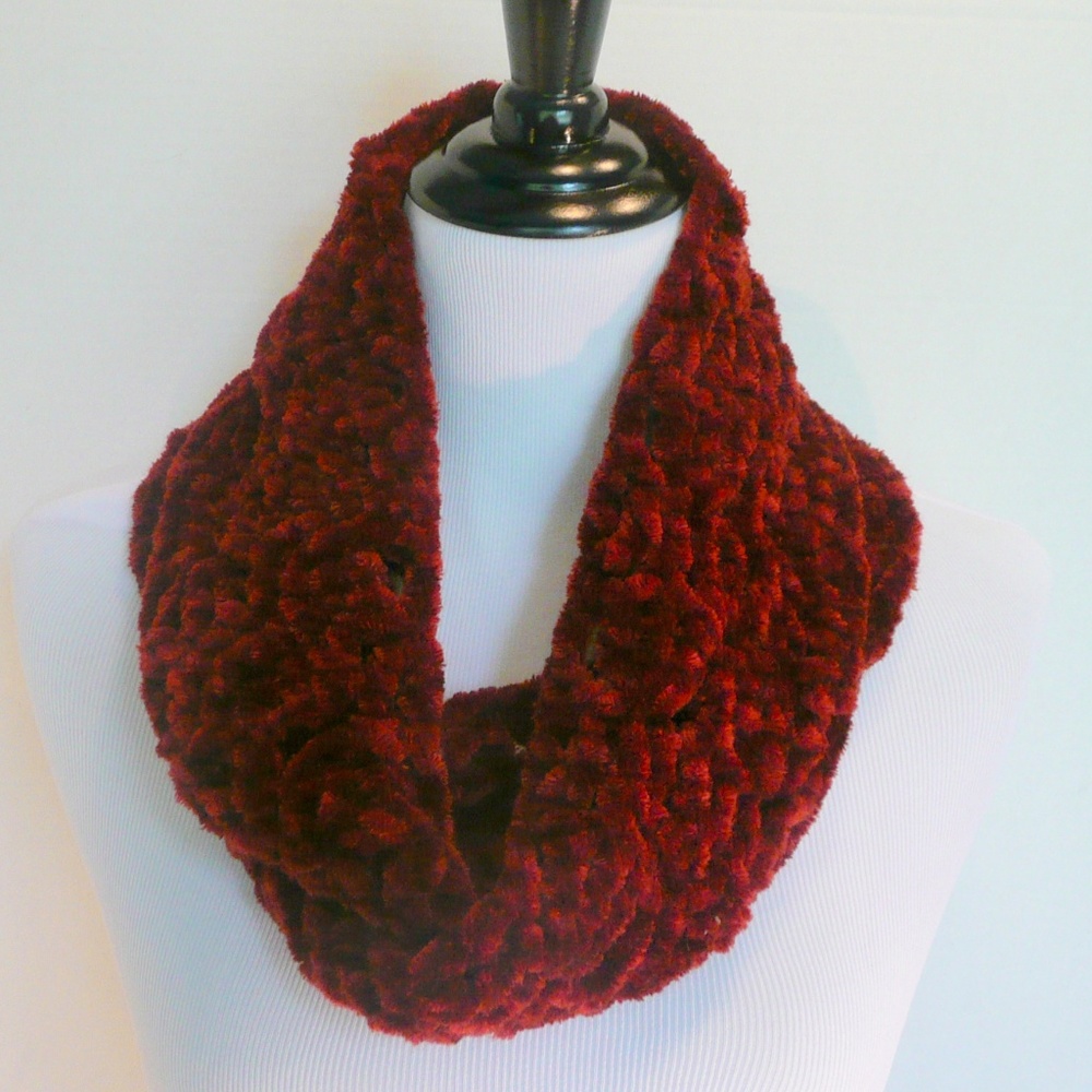 Hand Crochet Soft Warm Cozy Rich Rust Red Chenille Long Infinity Scarf
